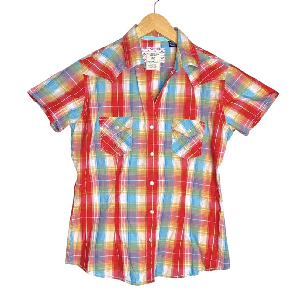 Panhandle Slim Short Sleeve Plaid Multi Colour Pearl Snap Button Western Shirt-M